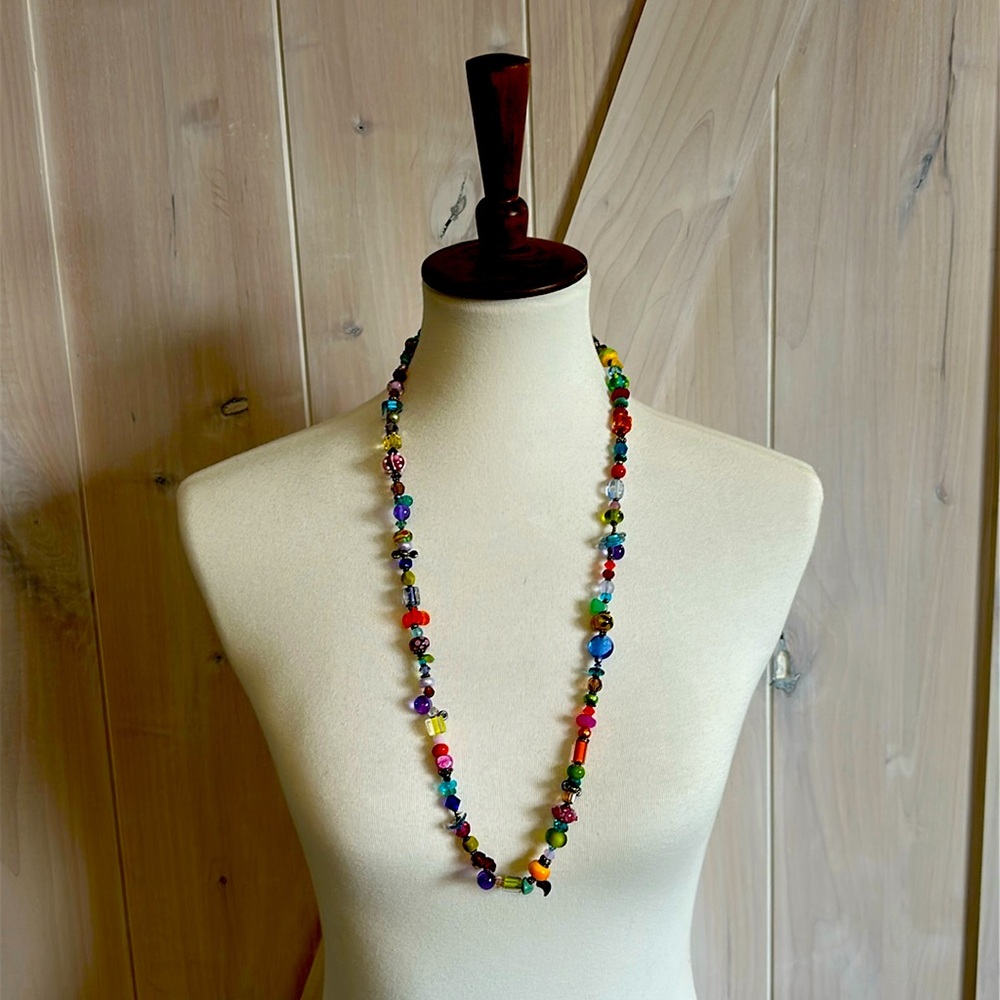 Artisan glass bead, freshwater pearl, sterling silver, crystal necklace.